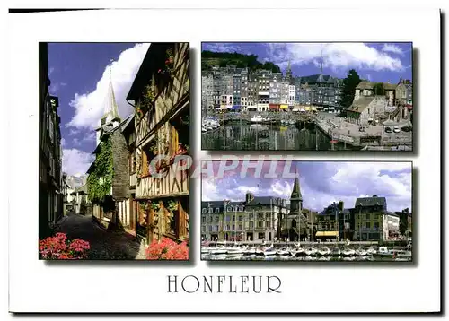 Cartes postales moderne Honfleur Vieille rue typique et clocher de Sainte Catherine