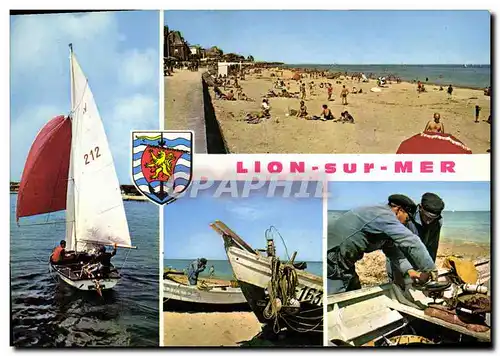 Moderne Karte Lion Sur Mer Un voilier La plage de sable Les bateaux de peche Retour de peche