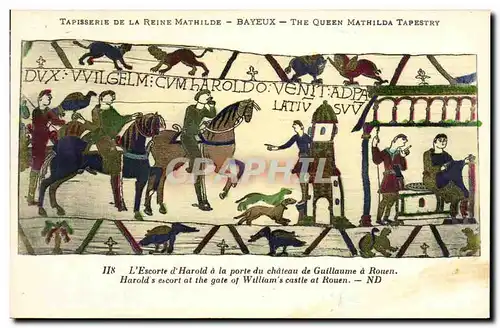 Cartes postales Bayeux Tapisserie De La Reine Mathilde L escorte d Harold a la porte du chateau de Guillaume a R