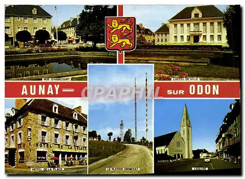 Moderne Karte Aunay sur Odon Rue d Harcourt Hotel de ville Eglise Plessis Grimoult Hotel de la place