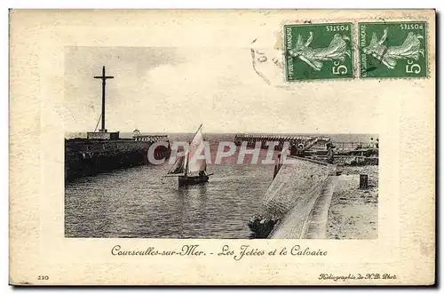 Ansichtskarte AK Courseulles Sur Mer Les Jetees et le calvaire Bateau