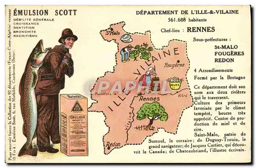 Moderne Karte Bretagne Rennes Ille et Vilaine Pecheur peche Poisson
