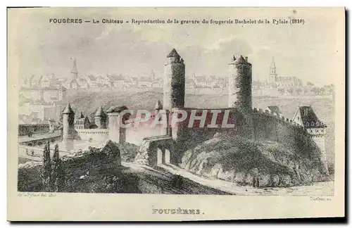 Cartes postales Fougeres Le Chateau Reporduction de la gravure du fougerais Bachelot de la Pylaie 1810