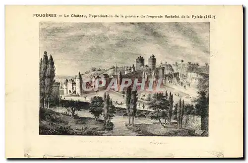 Cartes postales Fougeres Le Chateau Reporduction de la gravure du fougerais Bachelot de la Pylaie 1810