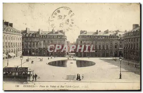 Cartes postales Rennes Place du Palais et Rue Edith Cavell Tramway Biscuits Pernot