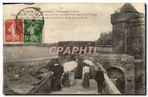 Cartes postales St Malo La plage a maree basse et la tour Qui Qu en Grogne