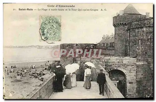 Cartes postales St Malo La Plage a maree haute et la Tour Qui Qu en Grogne