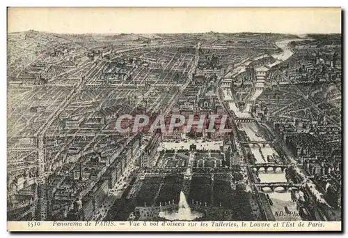 Cartes postales Panorama de Paris vue vol d oiseau sur les Tuileries le Louvre et l Est de Paris