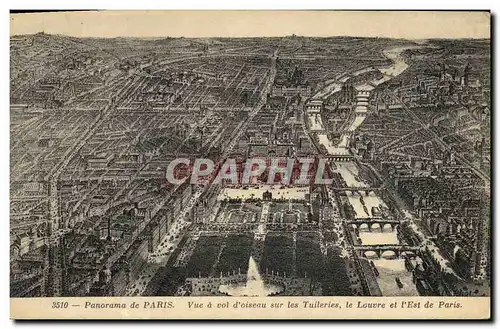 Cartes postales Panorama de Paris vue vol d oiseau sur les Tuileries le Louvre et l Est de Paris