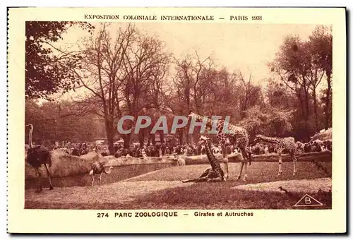 Cartes postales Exposition Coloniale Internationale Paris 1931 Parc Zoologique Girafes et Autruches