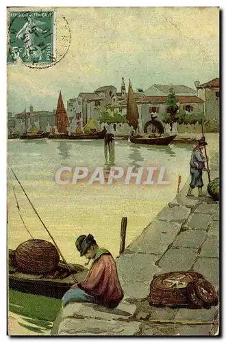 Cartes postales Fantaisie Pecheur au bord de l eau