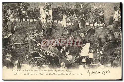 Ansichtskarte AK Le Roi et la Reine d Ilalie a Paris 1903 A la revue Le roi et le president quittent la revue