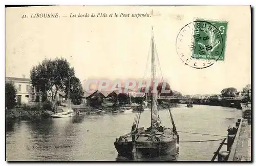 Cartes postales Libourne Les bords de l Isle et le pont suspendu Bateau