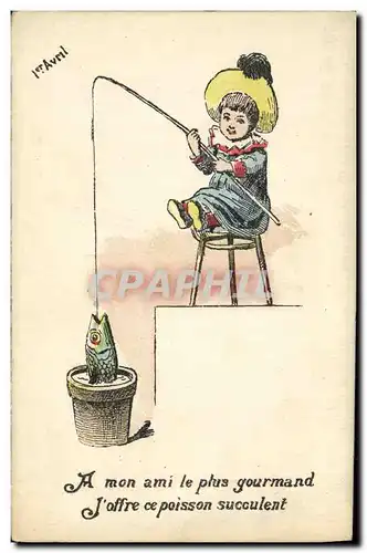 Cartes postales Fantaisie Enfant Pecheur Poisson 1er Avril