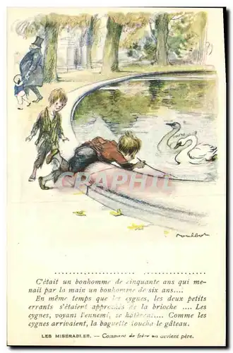 Cartes postales Fantaisie Illustrateur Poulbot Les Miserables Victor Hugo Cygnes Enfants