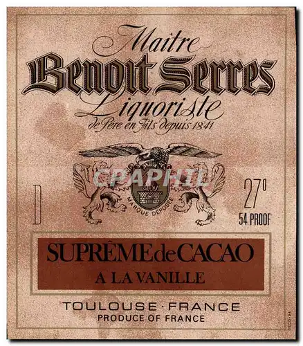 Etiquette Maitre Benoit Serres Liquoriste Cacao