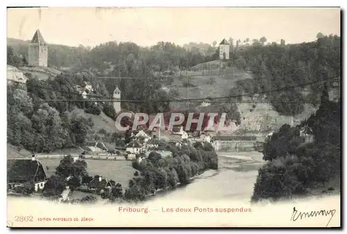 Cartes postales Suisse Fribourg Les deux ponts suspendus