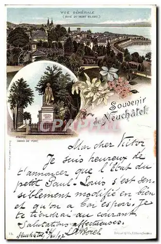 Cartes postales Suisse Neuchatel Vue generale Baie du Mont Blanc Statue David de Pury Carte 1897