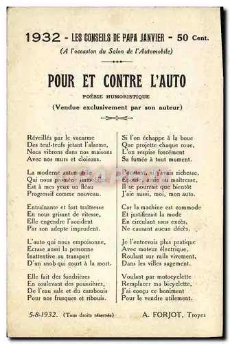 Cartes postales Automobile Les conseils de papa Janvier 1931 Herriot Pour et contre l&#39auto