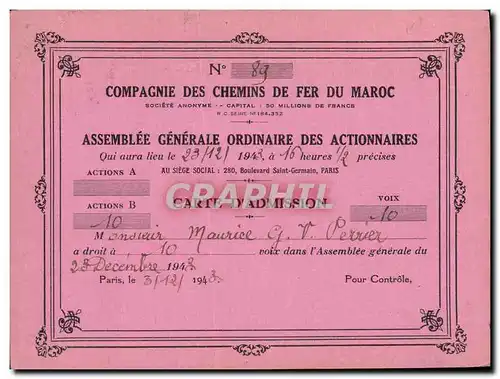 Carton Assemblee des actionnaires Chemins de fer du Marco Admission 1943 Perrier