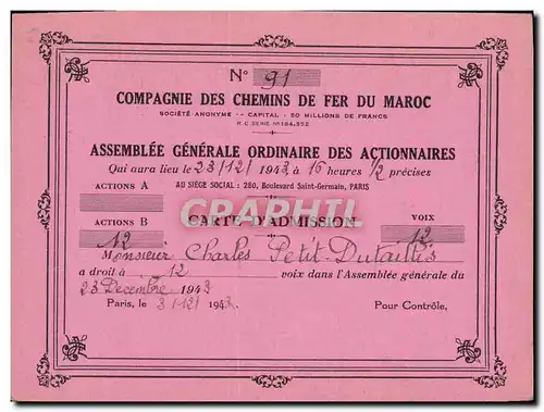 Carton Assemblee des actionnaires Chemins de fer du Marco Admission 1943 Dutaillis
