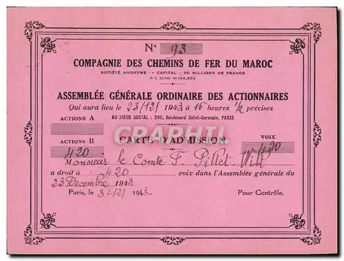 Carton Invitation Assemblee generale de la Compagnie des chemins de fer du Maroc Pillet 1943