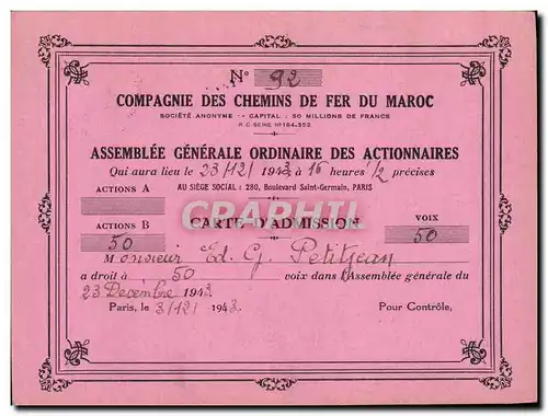 Carton Invitation Assemblee generale de la Compagnie des chemins de fer du Maroc Petitjean 1943