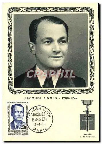 Carte Maximum Jacques Bingen 1908 1944 Resistant