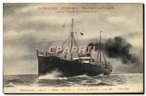 Cartes postales Bateau Compagnie Generale Transatlantique Services postaux de la Mediterranee Ville de Madrid