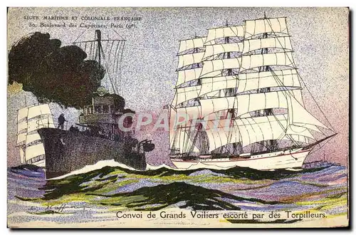 Cartes postales Bateau Haffner Ligue Maritime et Colonaile Francaise Convoi de grands voiliers escorte par des t