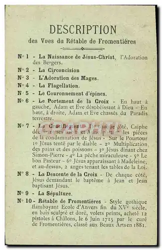 Cartes postales Description des vues du retable de Fromentieres