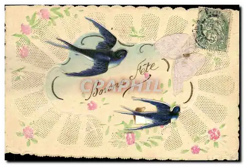 Cartes postales Fantaisie Fleurs Brodee Hirondelle