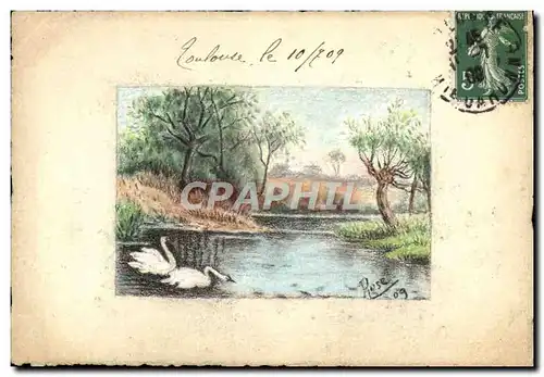 Cartes postales DESSIN A LA MAIN Fantaisie Signe Rose Cygnes