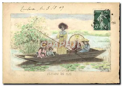 Cartes postales DESSIN A LA MAIN Fleurs de Mai Signe Rose 1909 Enfants Barque Eventail