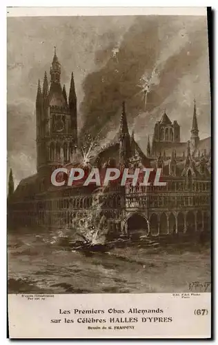Cartes postales Ypres Les Premiers Obus Allemands sur les Celebres Halles D'Ypres Militaria