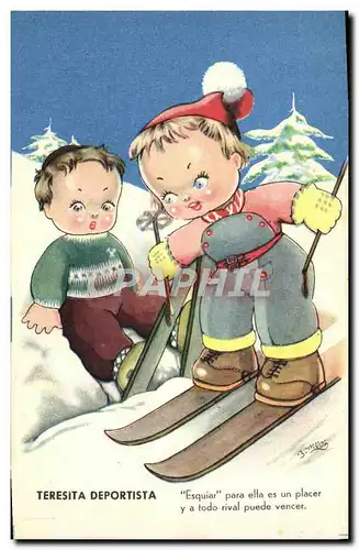 Cartes postales Fantaisie Enfants a ski