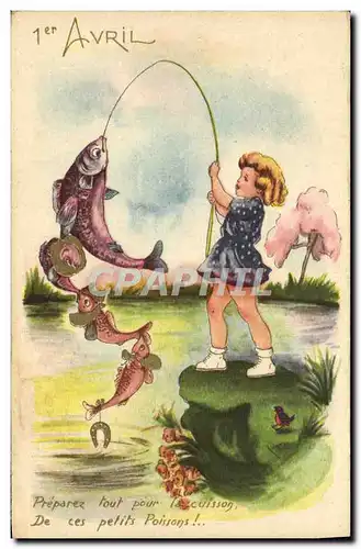 Cartes postales Fantaisie Enfant Peche Poissons 1er avril Paques