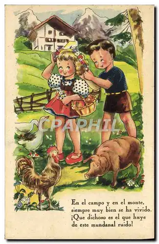 Cartes postales Fantaisie Enfant sCochon Porc Coq Canard