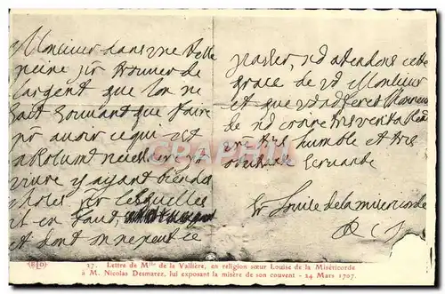 Cartes postales Lettre de Mlle de la Valliere a Nicolas Desmarez 1707