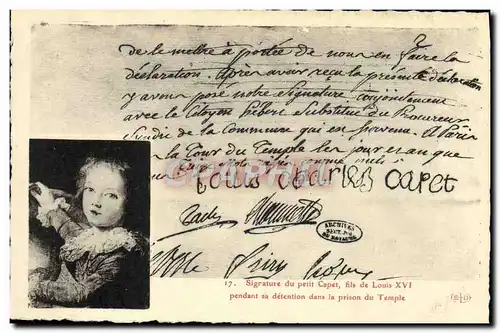 Cartes postales Signature du petit Capet fils de Louis XVI pendant sa detention dans la prison du temple