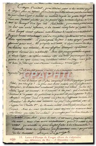 Cartes postales Lettre d&#39olympe de Couges offrant de s&#39adjoindre aux defenseurs du roi 1792