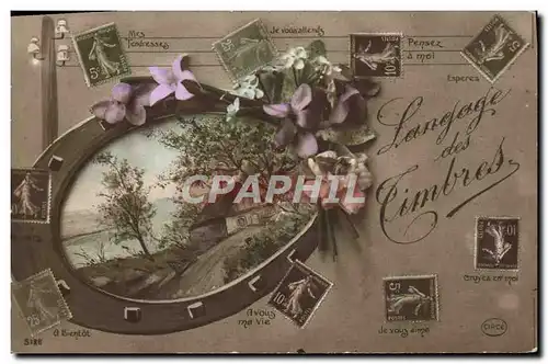 Cartes postales Fantaisie Fleurs Fer a Cheval Timbre Semeuse