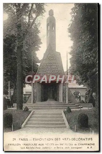 Cartes postales Paris Exposition des Arts Decoratifs Pavillon Mausolee aux morts de la bataille de Champagne