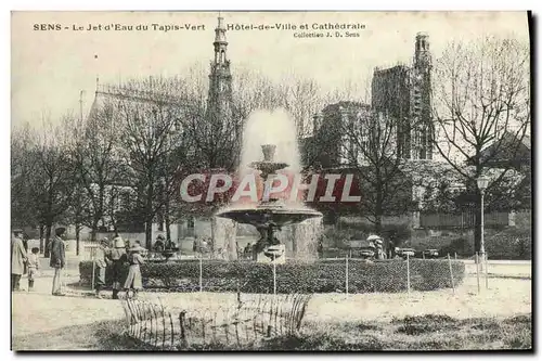 Cartes postales Sens Le Jet d'Eau du Tapls Vert Hotel de Ville et Cathedrale Enfants
