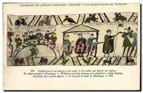 Cartes postales Tapisserie de la reine mathilde Bayeux Guillaume et ses barons sont assis a une table