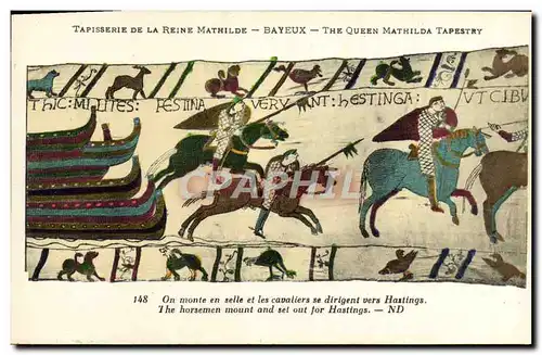 Ansichtskarte AK Tapisserie de la reine mathilde Bayeux On monte en selle chevaux