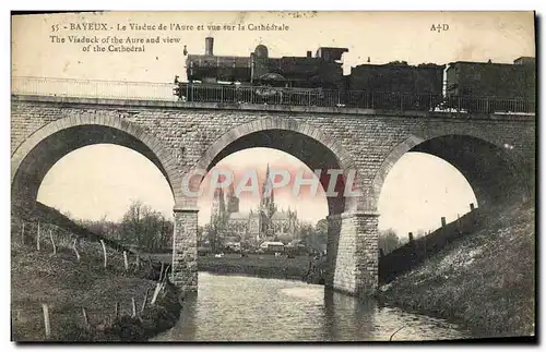 Cartes postales Bayeux Le viaduc de l'Aure et vue sur la cathedrale Train