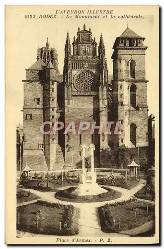 Cartes postales Rodez Le Monument Et La Cathedrale Place d&#39armes