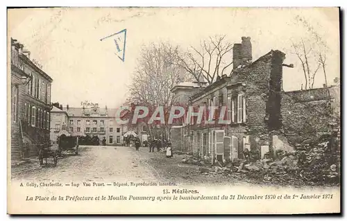 Ansichtskarte AK Mezieres La place De La Prefecture et le moulin Pommery apres le bombardement Militaria Timbre M