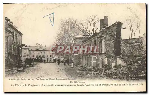 Cartes postales Mezieres La place De La Prefecture et le moulin Pommery apres le bombardement Militaria Timbre M